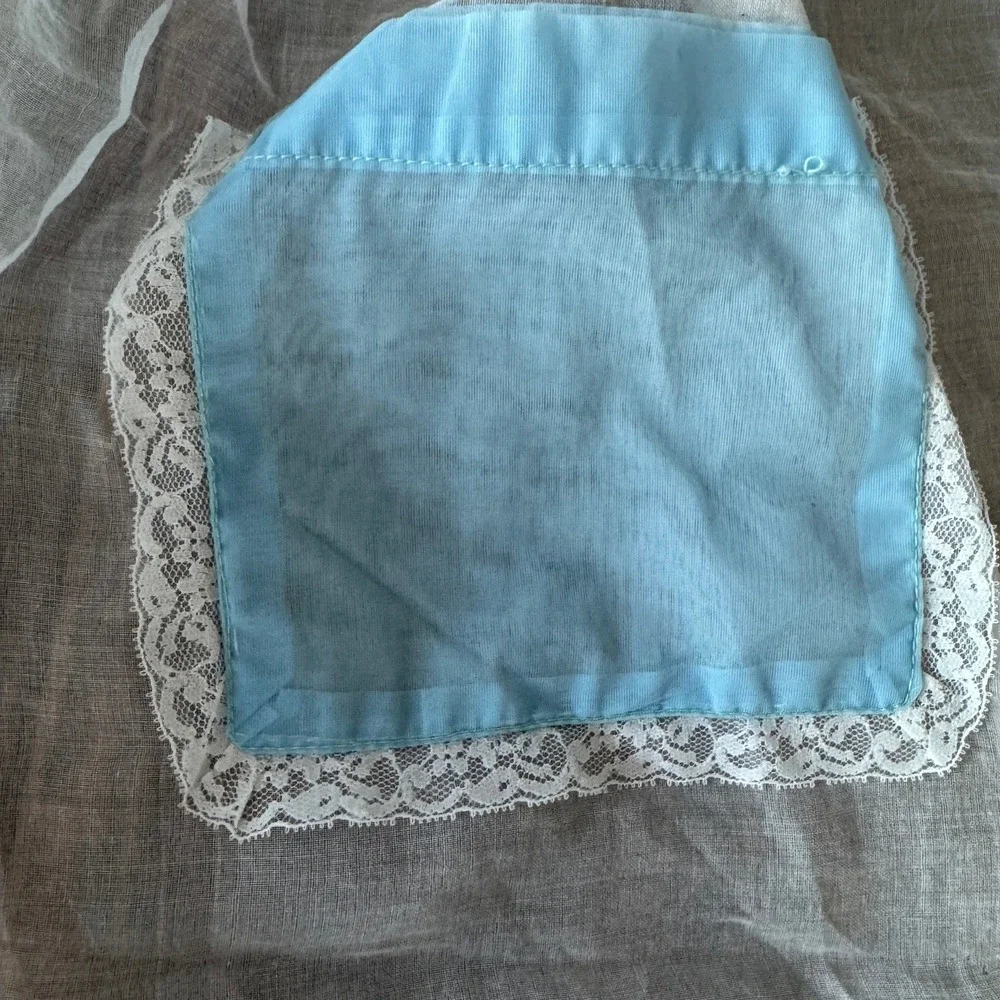 Vintage Sheer White Organza Half Apron‎ Blue Lace Trim Pockets Retro 1950s Style